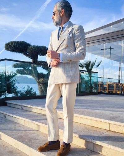 Beige Checked Suit with Tassel Loafers